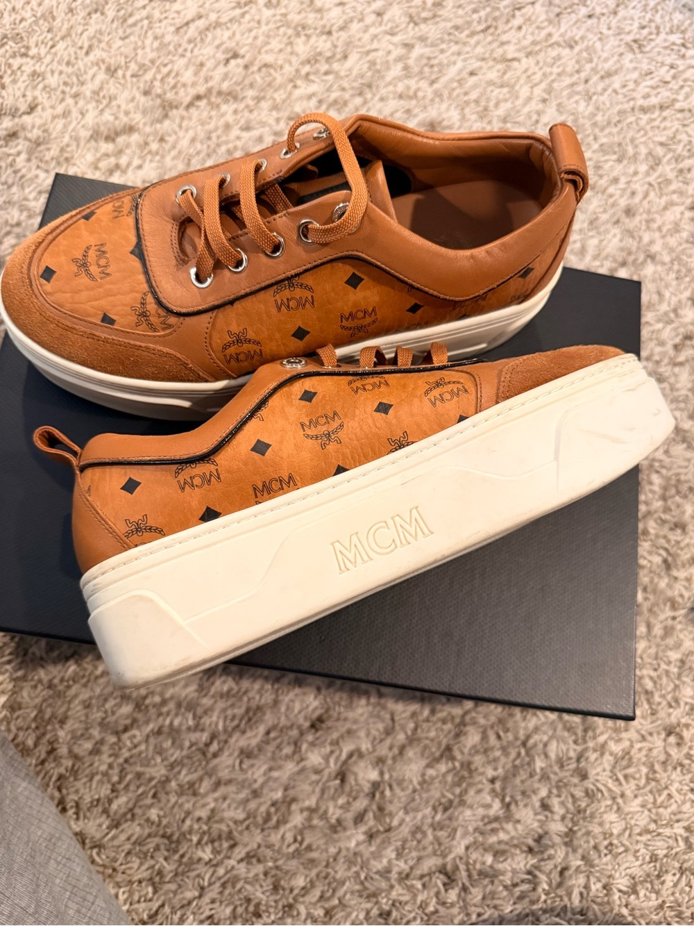 MCM Cognac Logo Low-Top Sneakers with White Platform